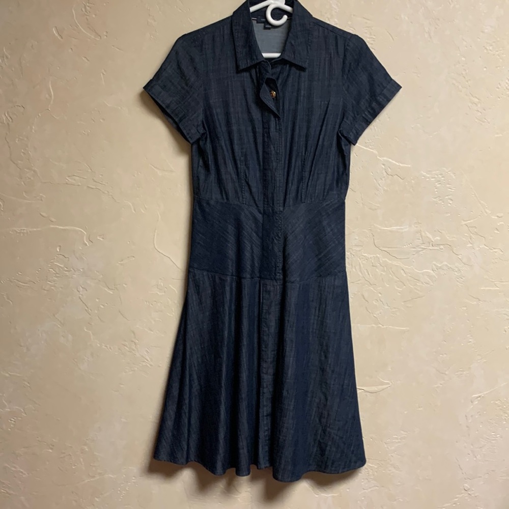 Denim short sleeve front button flare dress - Picture 1 of 6